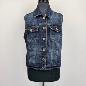 Maurices Women's Denim Trucker Vest 0 Plus Blue Distressed Button Front Pockets